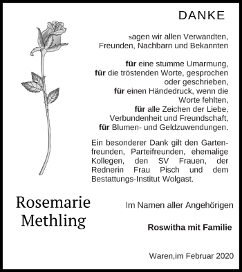 Traueranzeige von Rosemarie Methling von Müritz-Zeitung