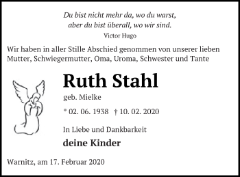 Traueranzeige von Ruth Stahl von Prenzlauer Zeitung