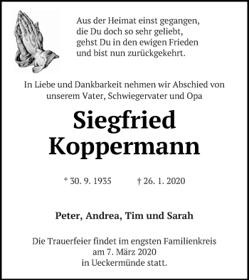Traueranzeige von Siegfried Koppermann von Haff-Zeitung