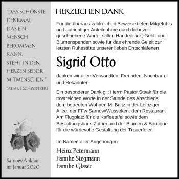 Traueranzeige von Sigrid Otto von Vorpommern Kurier