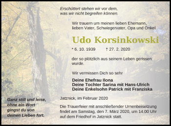 Traueranzeige von Udo Korsinkowski von Pasewalker Zeitung