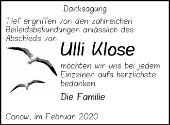 Traueranzeige von Ulli Klose von Strelitzer Zeitung