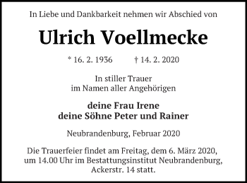 Traueranzeige von Ulrich Voellmecke von Neubrandenburger Zeitung