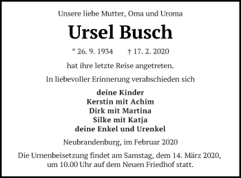 Traueranzeige von Ursel Busch von Müritz-Zeitung