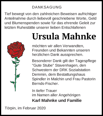 Traueranzeige von Ursula Mahnke von Demminer Zeitung