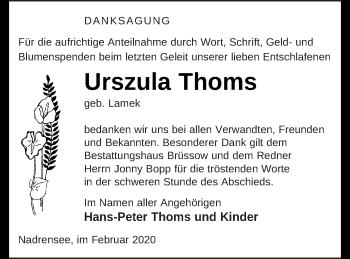 Traueranzeige von Urszula Thoms von Pasewalker Zeitung