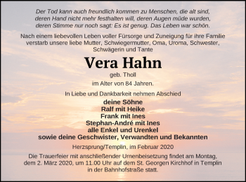 Traueranzeige von Vera Hahn von Templiner Zeitung