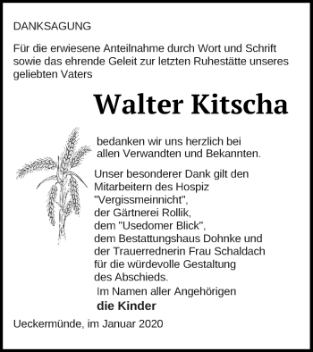 Traueranzeige von Walter Kitscha von Haff-Zeitung