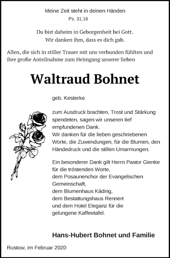 Traueranzeige von Waltraud Bohnet von Vorpommern Kurier