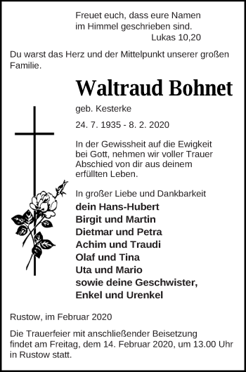 Traueranzeige von Waltraud Bohnet von Vorpommern Kurier