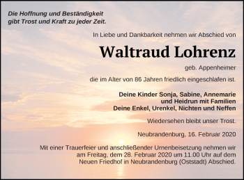 Traueranzeige von Waltraud Lohrenz von Vorpommern Kurier