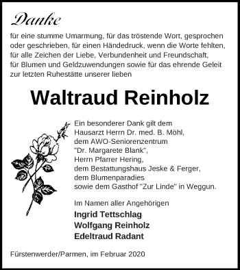 Traueranzeige von Waltraud Reinholz von Prenzlauer Zeitung