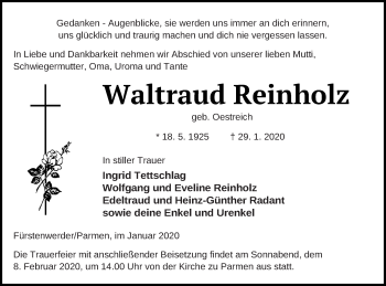 Traueranzeige von Waltraud Reinholz von Prenzlauer Zeitung