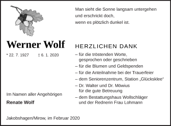 Traueranzeige von Werner Wolf von Strelitzer Zeitung