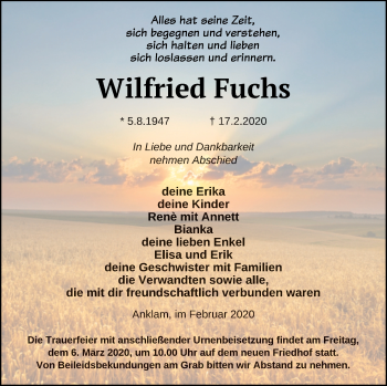 Traueranzeige von Wilfried Fuchs von Vorpommern Kurier