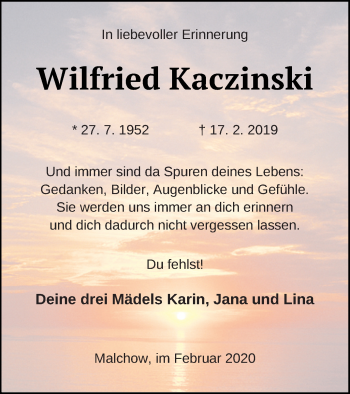 Traueranzeige von Wilfried Kaczinski von Müritz-Zeitung
