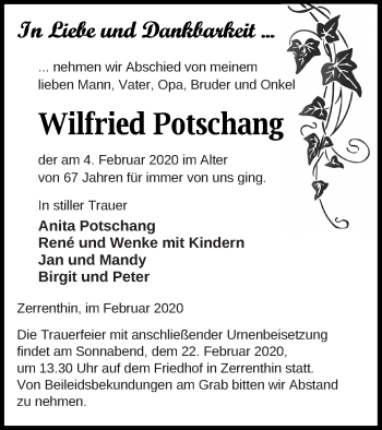 Traueranzeige von Wilfried Potschang von Pasewalker Zeitung