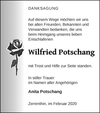 Traueranzeige von Wilfried Potschang von Pasewalker Zeitung