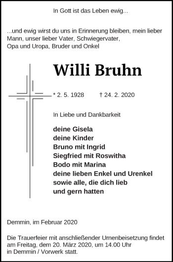 Traueranzeige von Willi Bruhn von Demminer Zeitung