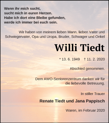 Traueranzeige von Willi Tiedt von Müritz-Zeitung
