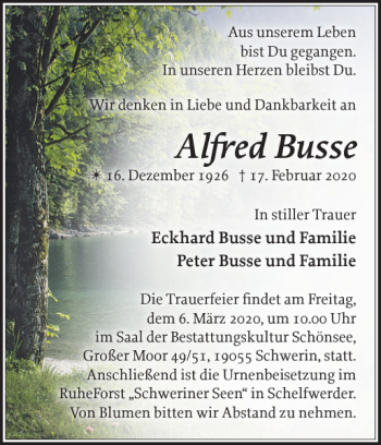 Traueranzeige von Alfred Busse von Hagenower Kreisblatt