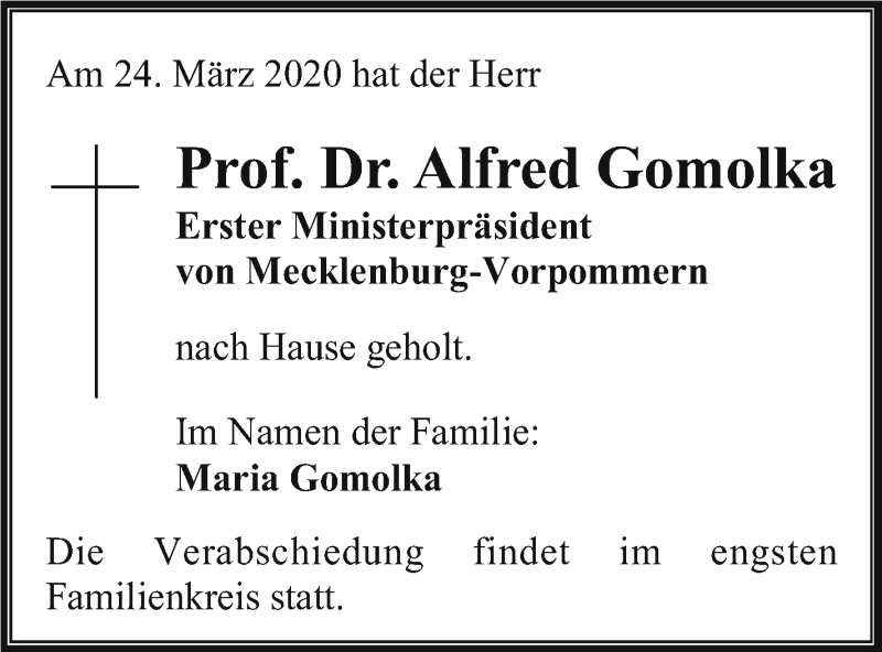  Traueranzeige für Alfred Gomolka vom 28.03.2020 aus Vorpommern Kurier