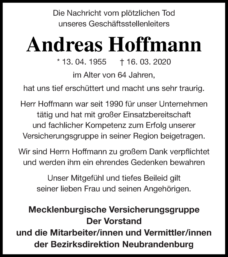  Traueranzeige für Andreas Hoffmann vom 28.03.2020 aus Nordkurier Gesamtausgabe