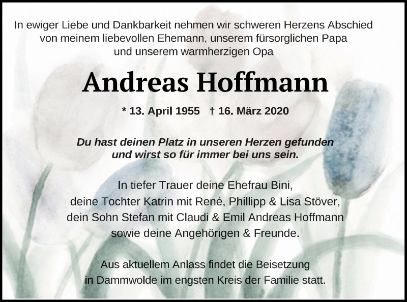  Traueranzeige für Andreas Hoffmann vom 28.03.2020 aus Müritz-Zeitung
