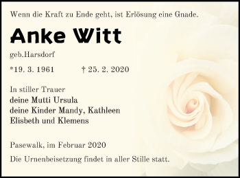 Traueranzeige von Anke Witt von Pasewalker Zeitung