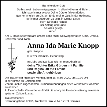 Traueranzeige von Anna Ida Marie Knopp von Demminer Zeitung