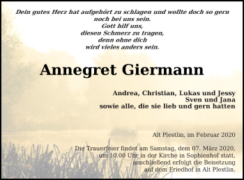 Traueranzeige von Annegret Giermann von Vorpommern Kurier