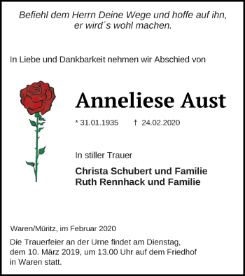 Traueranzeige von Anneliese Aust von Müritz-Zeitung