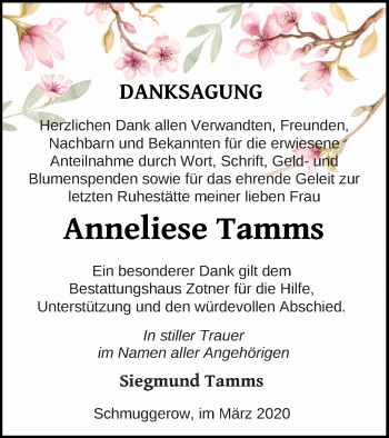 Traueranzeige von Anneliese Tamms von Vorpommern Kurier