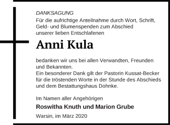 Traueranzeige von Anni Kula von Haff-Zeitung