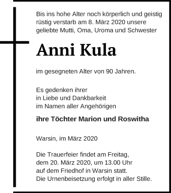 Traueranzeige von Anni Kula von Haff-Zeitung