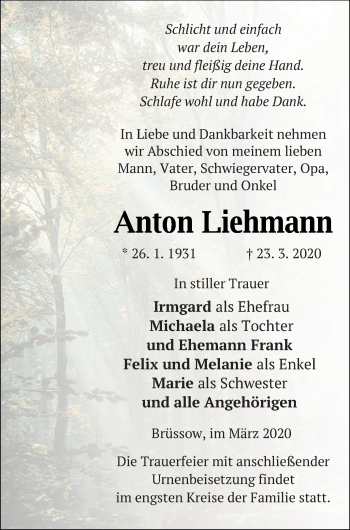 Traueranzeige von Anton Liehmann von Pasewalker Zeitung