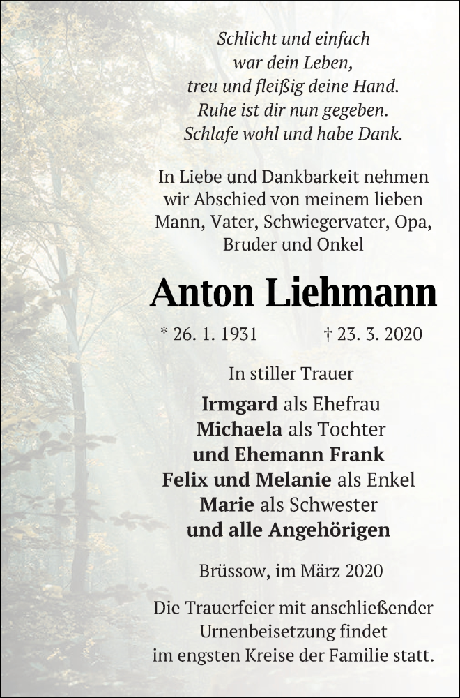  Traueranzeige für Anton Liehmann vom 31.03.2020 aus Pasewalker Zeitung