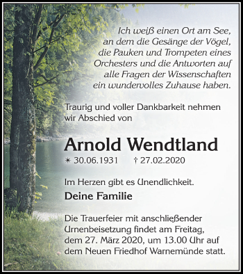 Traueranzeige von Arnold Wendtland von Mecklenburger Schweiz