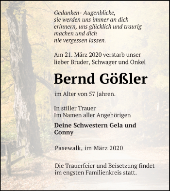 Traueranzeige von Bernd Gößler von Pasewalker Zeitung