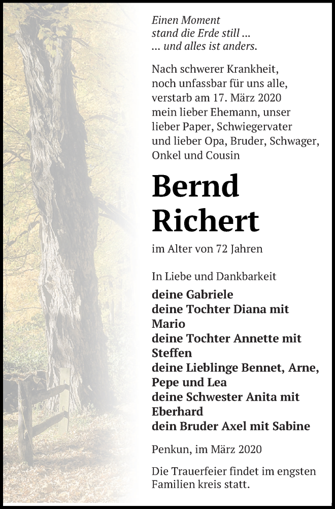  Traueranzeige für Bernd Richert vom 21.03.2020 aus Pasewalker Zeitung