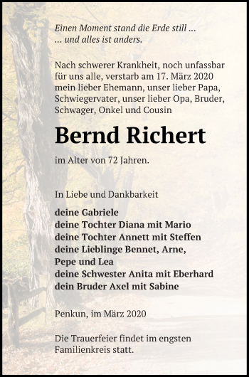 Traueranzeige von Bernd Richert von Pasewalker Zeitung