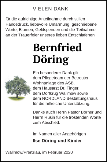 Traueranzeige von Bernfried Döring von Prenzlauer Zeitung