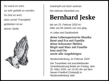 Traueranzeige von Bernhard Jeske von Neubrandenburger Zeitung