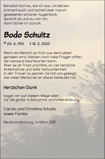 Traueranzeige von Bodo Schultz von Neubrandenburger Zeitung