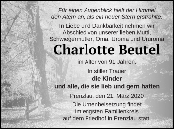 Traueranzeige von Charlotte Beutel von Prenzlauer Zeitung