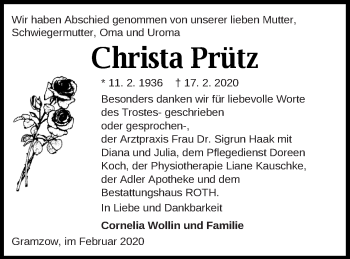 Traueranzeige von Christa Prütz von Prenzlauer Zeitung