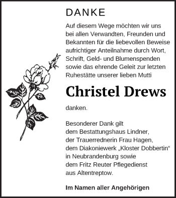 Traueranzeige von Christel Drews von Neubrandenburger Zeitung