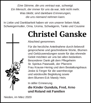 Traueranzeige von Christel Ganske von Pasewalker Zeitung