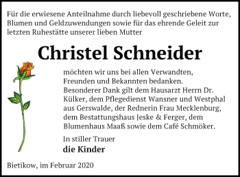 Traueranzeige von Christel Schneider von Prenzlauer Zeitung