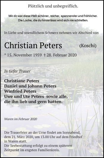 Traueranzeige von Christian Peters von Müritz-Zeitung